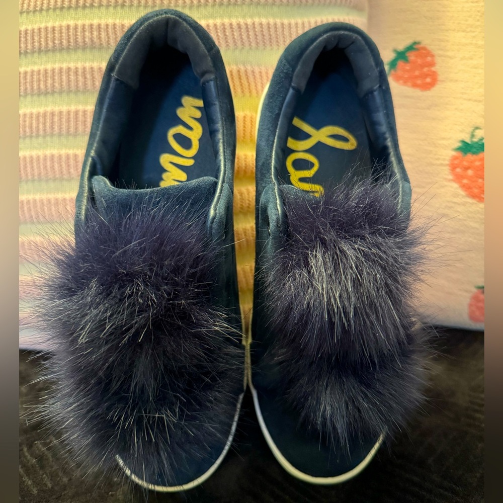 San Edelman- LEYA Pom-Pom Sneakers- Women Size 8M-  Blue Suede